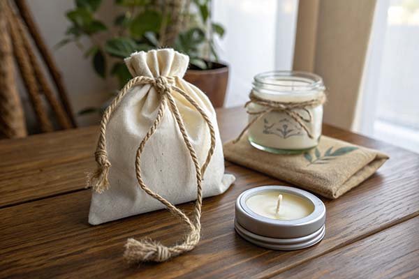 A small cotton drawstring pouch tied with twine, containing a small scented candle or sachet.