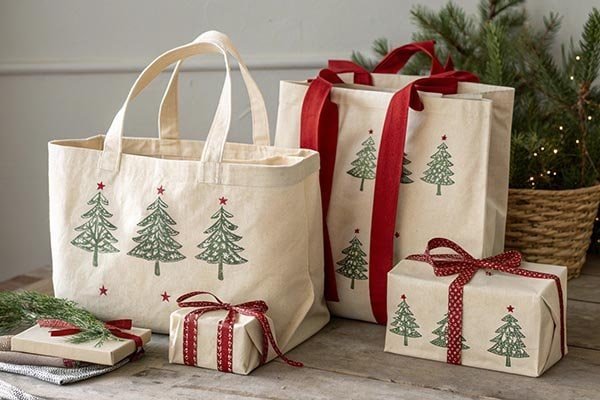 A set of festive items including beige canvas tote bags and gift boxes, all featuring green Christmas tree designs. The tote bags have different handle styles, and some gifts are wrapped with red ribbons. The scene is complemented by pine branches and a wicker basket, creating a warm Christmas atmosphere.