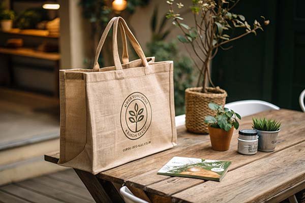 Custom natural linen tote bag with green plant logo, a stylish and eco-friendly year-end gift. Shown on a wooden table with plants, practical and chic.