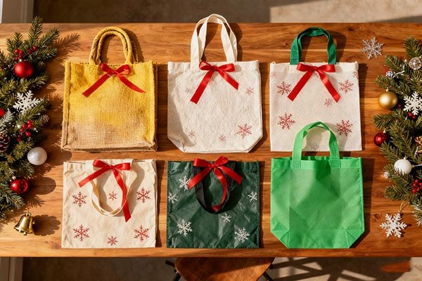 A variety of eco-friendly bags (jute, cotton, RPET) on display for holiday packaging inspiration