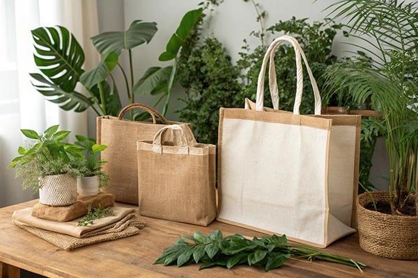 Different styles of reusable linen and canvas bags displayed on a wooden table, with green plants around to create an eco-friendly vibe.