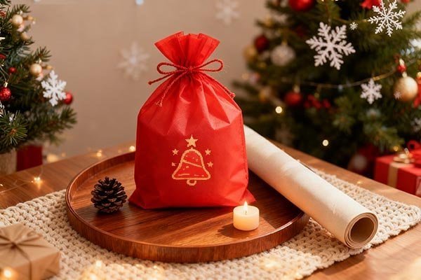 Non-woven drawstring bag in a festive red color used for a corporate giveaway