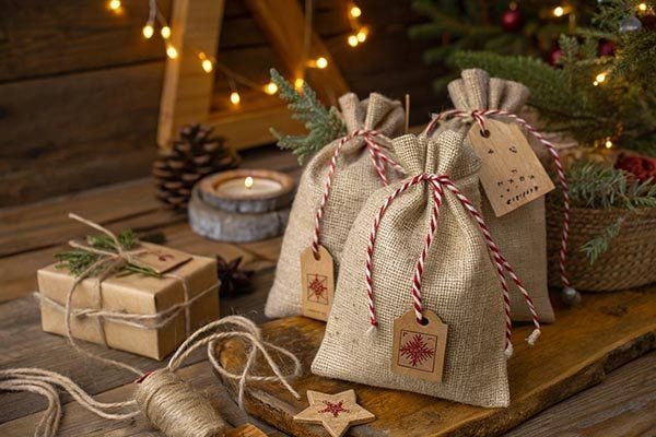 Jute drawstring bag with a wooden tag and natural twine for festive look