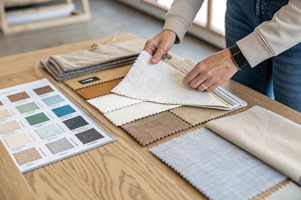 A hand selecting a material swatch from a table