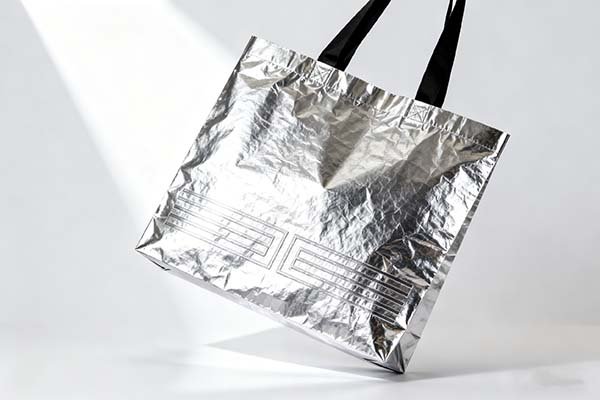 A stylish, metallic Tyvek clutch-style bag with a simple debossed logo.