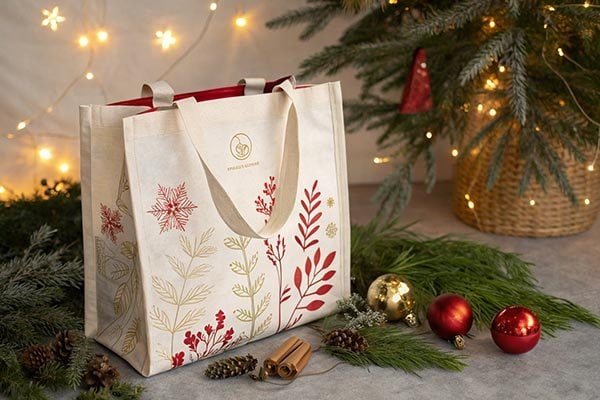 RPET foldable tote bag being used for holiday shopping
