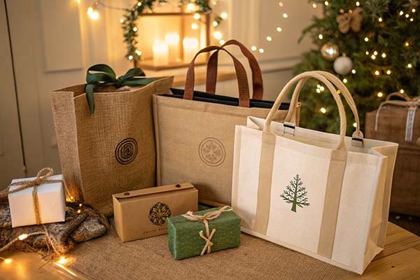 Various eco bags (linen and canvas styles) with custom logos, along with gift boxes, displayed in a festive Christmas setting, ideal for personalized year-end gifts.