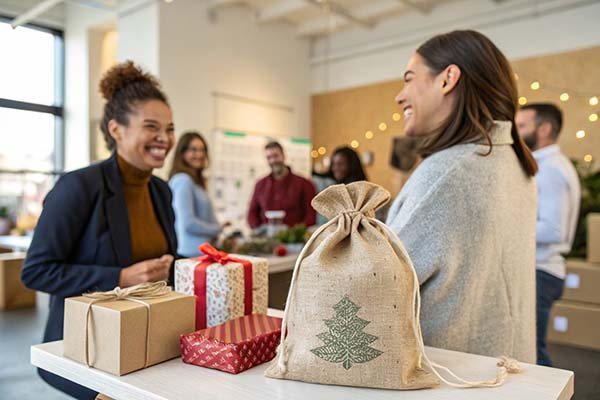 A person receiving a small gift inside a cotton drawstring pouch at a corporate event.