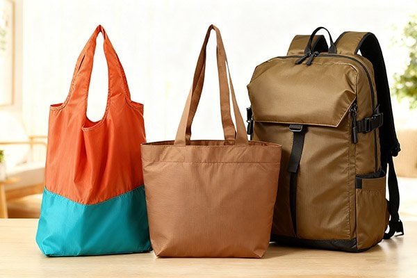 Three bags made of polyester with different thicknesses: two tote bags (a foldable one with orange and blue sections, and a brown one) and a brown backpack.