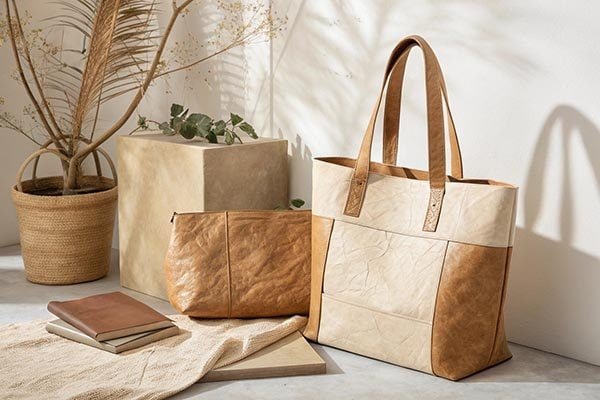 Washable paper tote bag with a leather-like texture