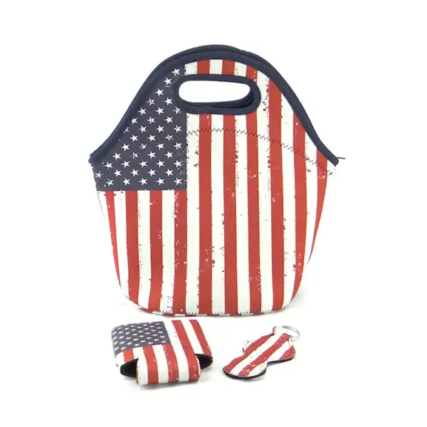Insulated bag featuring a bold American flag design with accessories.