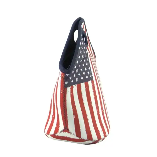 A reusable bag featuring the American flag design, great for shopping.