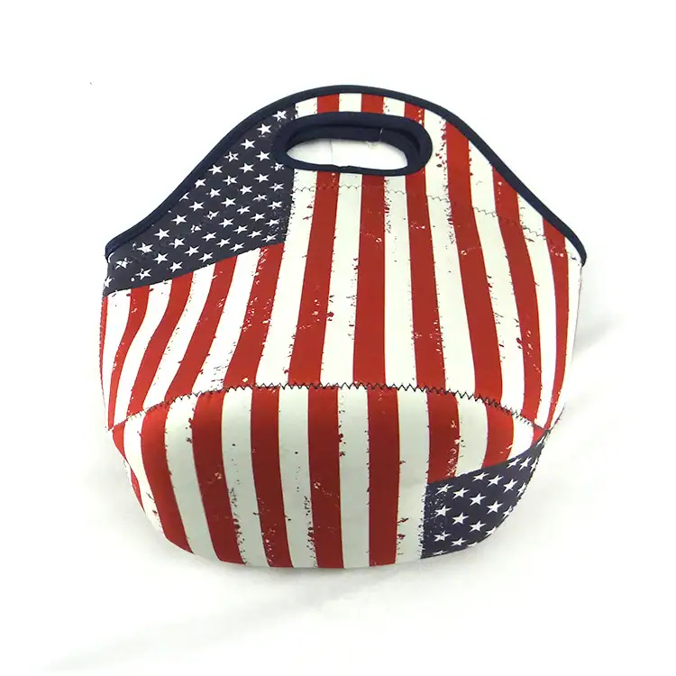 Reusable shopping bag featuring an American flag design with stripes and stars.