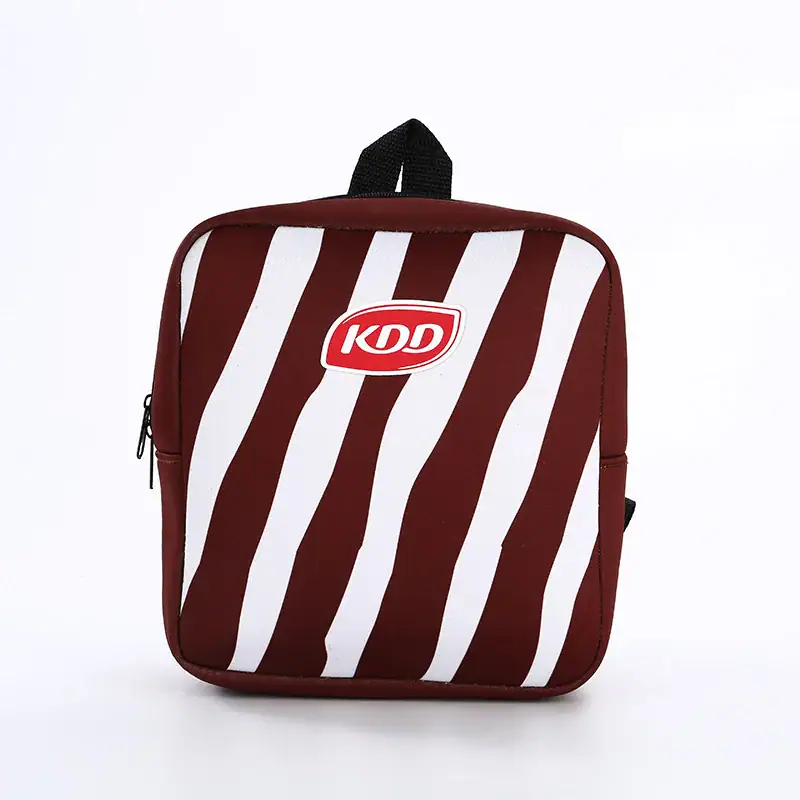 Red and white striped backpack with a logo on the front.
