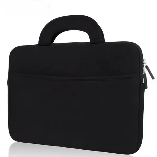A sleek black laptop sleeve with a padded handle and zipper closure.