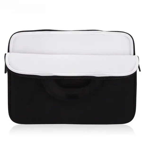 A sleek black laptop sleeve with a white interior, ideal for protecting devices.