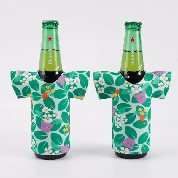 Colorful t-shirt shaped bottle coolers for drinks, ideal for parties.