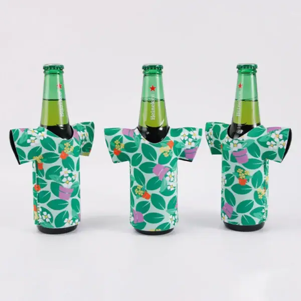Colorful floral-designed bottle coolers with green leaves and flowers for beverages.