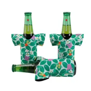Floral-patterned bottle coolers featuring Heineken bottles.