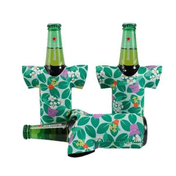 Floral-patterned bottle coolers featuring Heineken bottles.