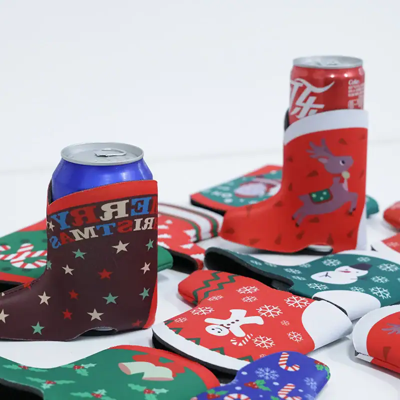 Colorful Christmas-themed drink cozies designed like boots and stockings.