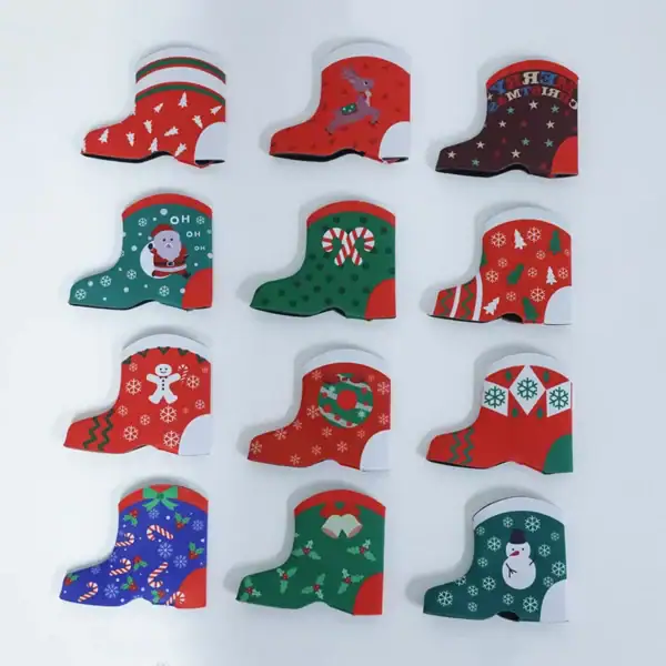 A collection of colorful Christmas stocking boot designs featuring festive patterns and characters.