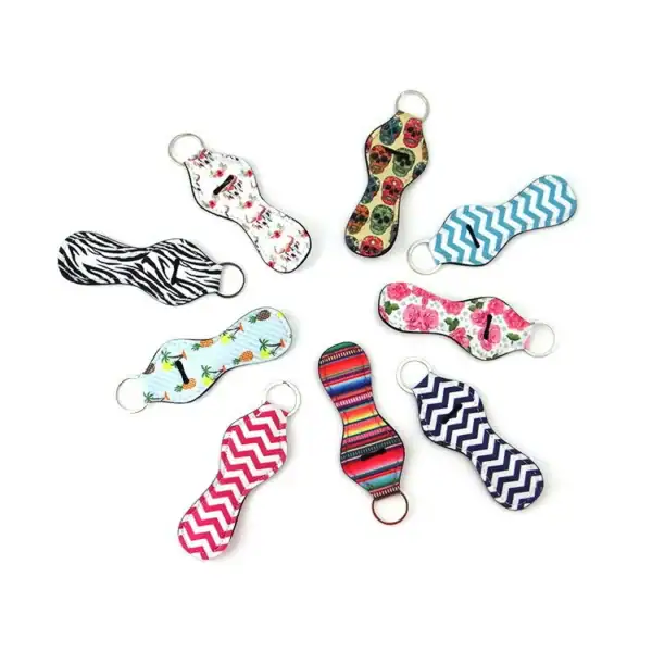 A variety of colorful flip-flop keychains with different patterns.