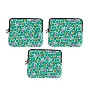 Set of three colorful floral laptop sleeves showcasing plant motifs and vibrant colors.