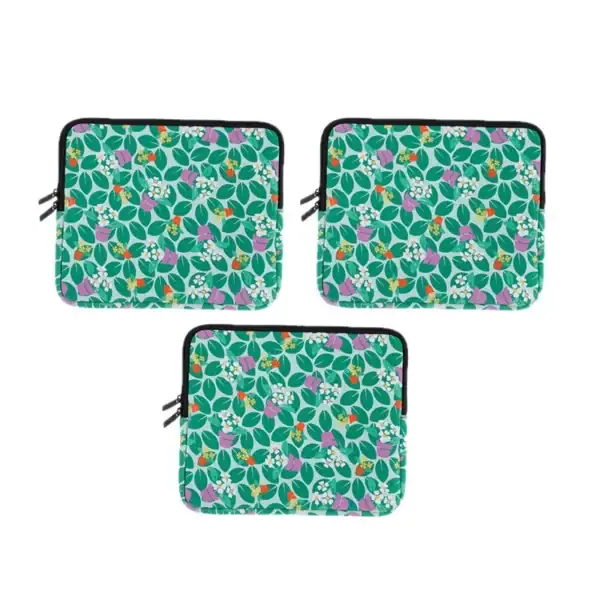Set of three colorful floral laptop sleeves showcasing plant motifs and vibrant colors.