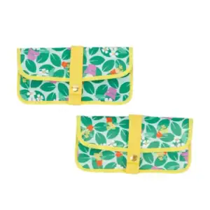 Colorful wallet with floral design featuring green leaves and flowers, perfect for holding cards and cash.