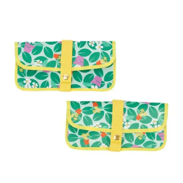 Colorful wallet with floral design featuring green leaves and flowers, perfect for holding cards and cash.