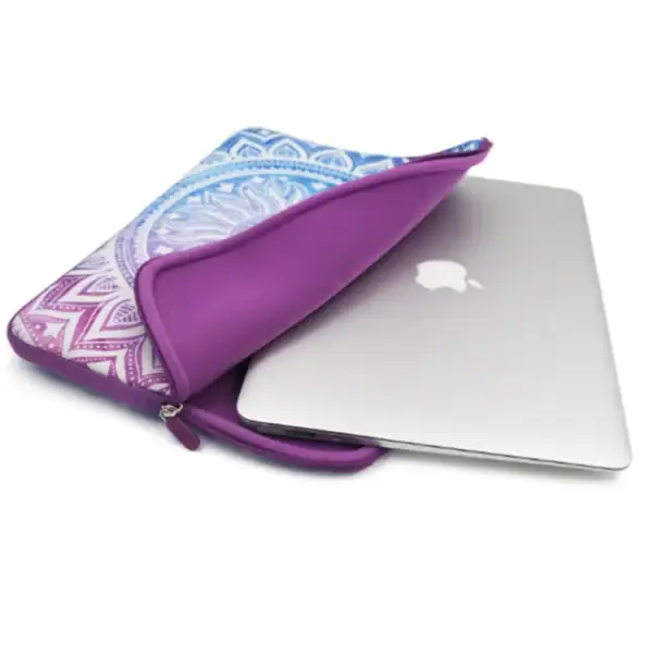 A colorful laptop sleeve featuring a vibrant design with purple and blue patterns, partially zipped open with a MacBook inside.