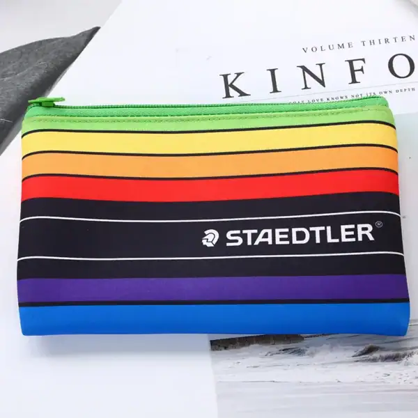 A colorful pencil case with horizontal stripes in vibrant colors.