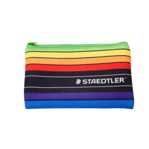 Colorful pencil case with a striped design and a green zipper. Perfect for organizing stationery.