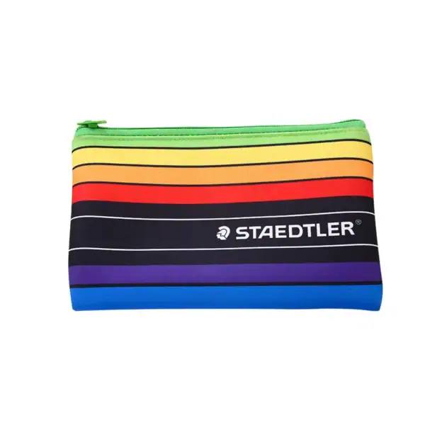 Colorful pencil case with a striped design and a green zipper. Perfect for organizing stationery.