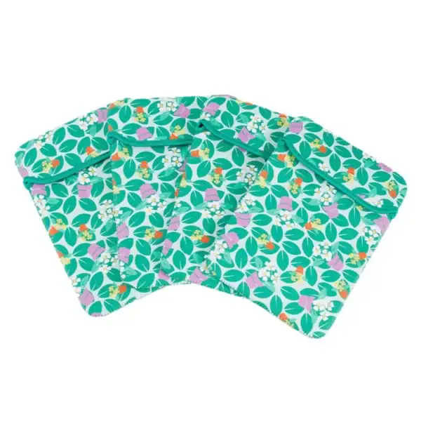Set of colorful reusable cloth bags featuring a leaf and flower pattern.