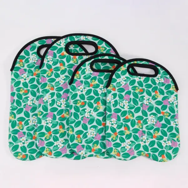 Set of colorful reusable shopping bags with floral design and handles.