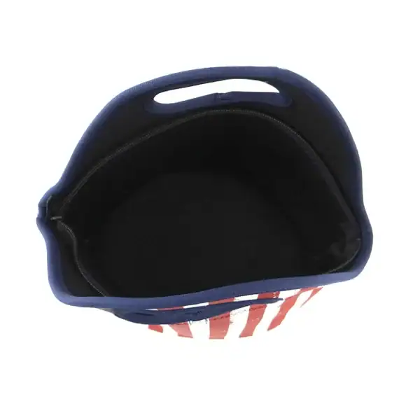 Inside view of a striped eco-friendly bag featuring a zipper.