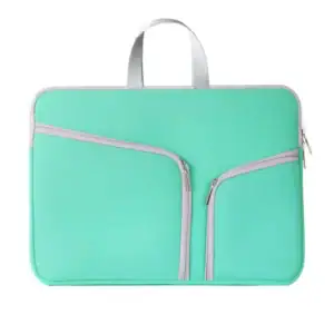 Eco-friendly laptop bag in mint color with zippers and handle