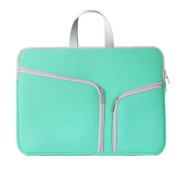 Eco-friendly laptop bag in mint color with zippers and handle