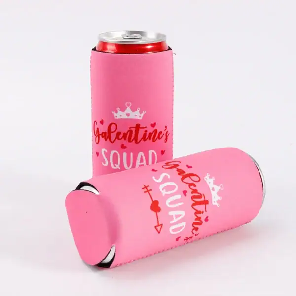 A pink can cooler with 'Galentine's Squad' design, perfect for parties.
