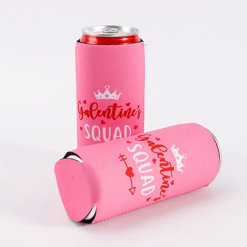A pink can cooler with 'Galentine's Squad' design, perfect for parties.