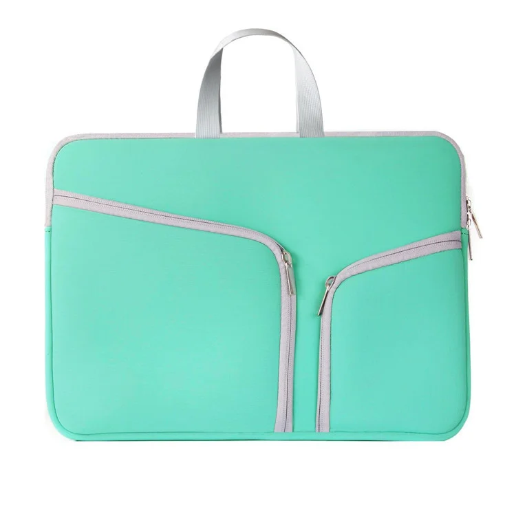 A trendy green laptop bag with multiple zippered pockets, perfect for storing gadgets.