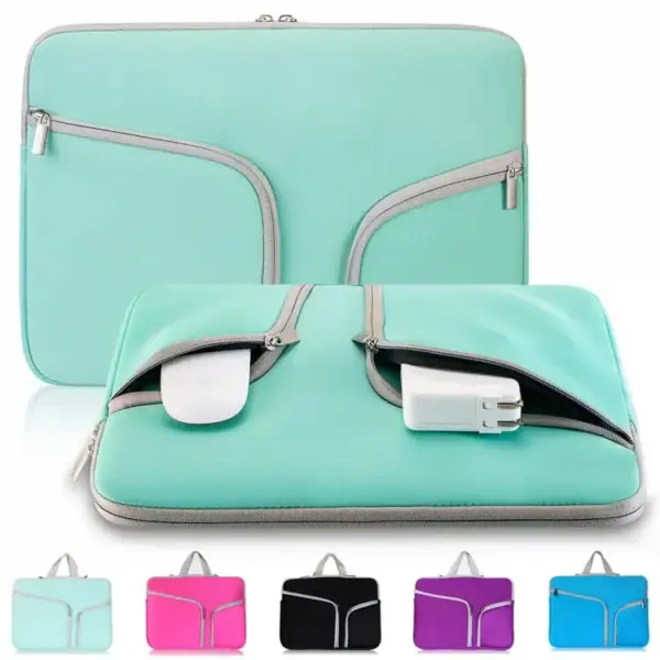 Stylish turquoise laptop sleeve with dual zippers and compartments for accessories.