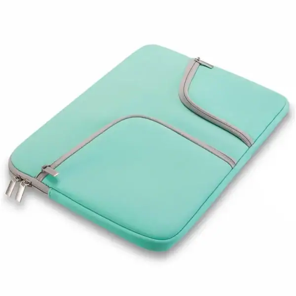 A stylish teal laptop sleeve with a gray zipper, featuring a sleek design and ample padding for protection.