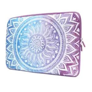 Colorful laptop sleeve with a mandala design in blue and purple shades.