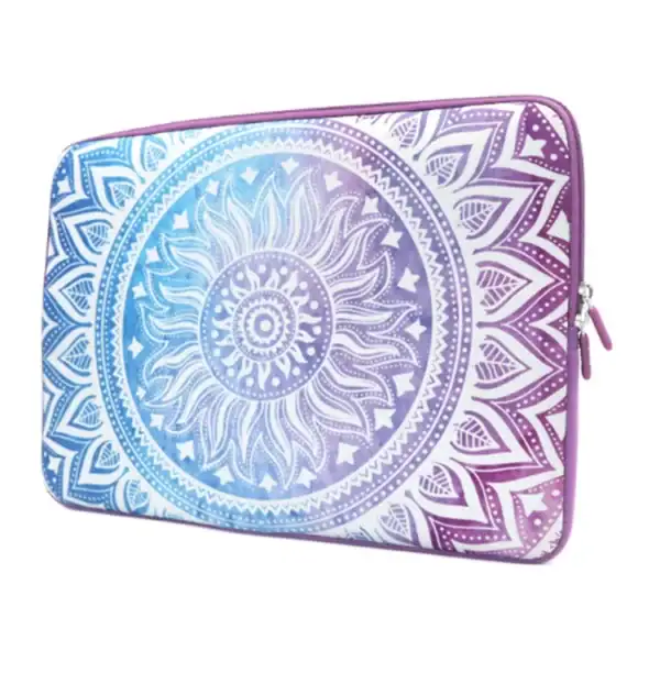 Colorful laptop sleeve with a mandala design in blue and purple shades.