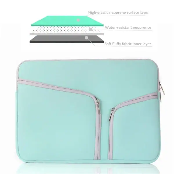 A mint green neoprene laptop sleeve with dual zippers and multiple layers for protection.