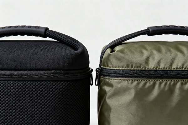 Close - up comparison of a neoprene lunch bag and a nylon lunch bag ,highlighting their materials and design differences.