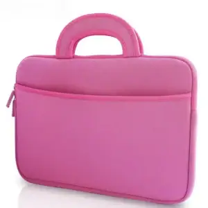 A stylish pink laptop sleeve with a handle and front pocket, perfect for protection and portability.